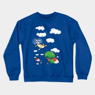 cartoon flying cat over houses Crewneck Sweatshirt